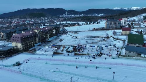 drone shot of Winter Resort Town