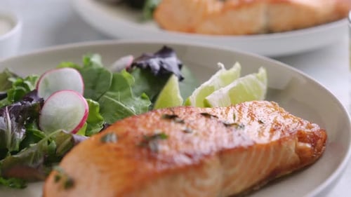 Grilled Salmon Fillet and Fresh Vegetable Salad Mediterranean Diet
