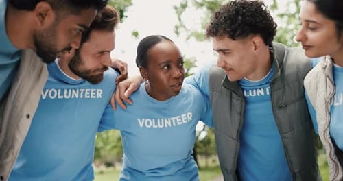 Volunteer, people or huddle in park with talk for eco project, nonprofit service
