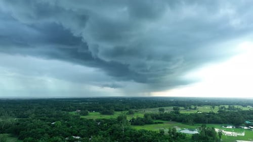 Aerial view of fields under storm clouds, Bangladesh.