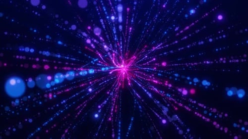 Bright neon light stripes made of particles. Particle explosion. Abstract flight of digital neon