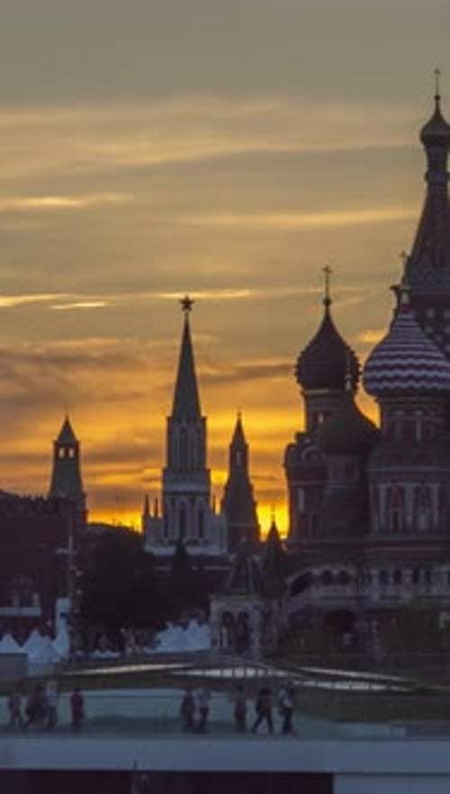 Moscow Kremlin Saint Basil Cathedral and Zaryadye Park at Sunny Evening Vertical Video