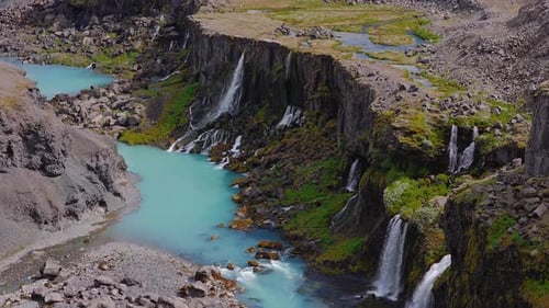 Aerial View of Sigoldugljufur Canyon with Waterfalls in Iceland