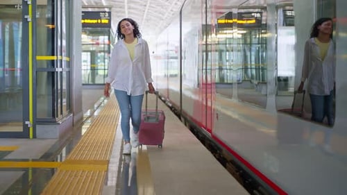 Happy Female Passenger with Suitcase is Walking on New Railway Station Travelling By Train