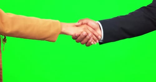Handshake, partnership and closeup of business people, green screen and thank you for deal