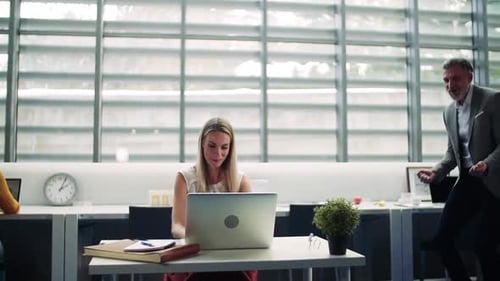 Groupe de gens d'affaires avec un ordinateur portable au bureau, s'amusant. Ralenti.