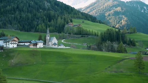Santa Maddalena Village with Church in Dolomites Mountains Val Di Funes Trentino Alto Adige Italy at