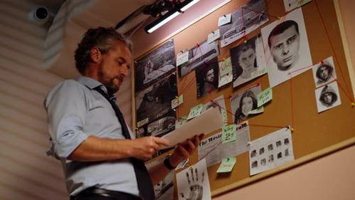 Close Up Detective Office Middle Aged Investigator in Shirt and Tie Standing Near Clue Board for