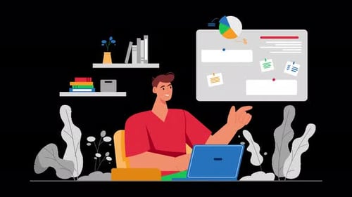 Animated Business Man Working on Laptop with Data Analysis