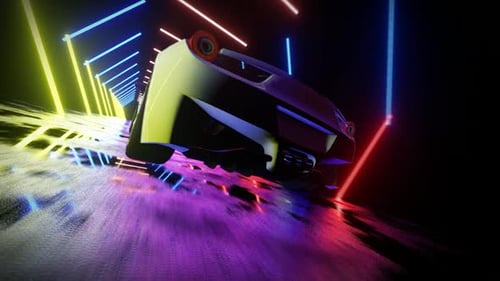White Luxury Sports Car in Neon Hexagon Light Tunnel