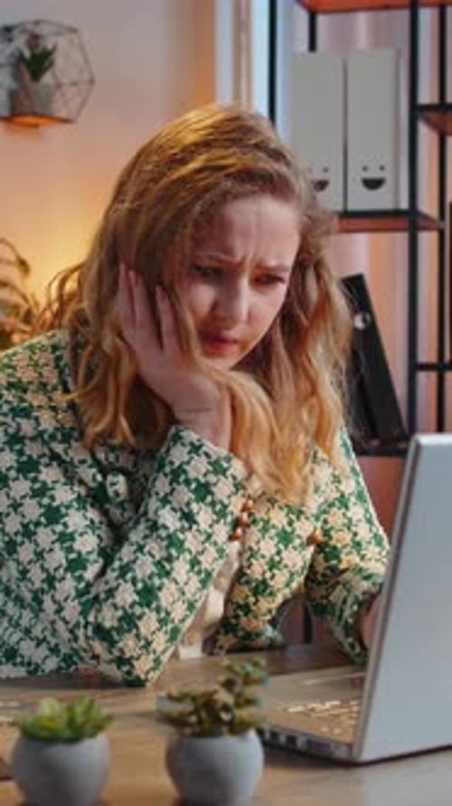 Displeased Sad Office Woman Using Laptop Working Loses Bad News Computer Virus Fail Loss Game