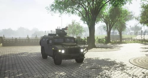 Military Vehicle Patrols a Serene Urban Park Surrounded By Greenery