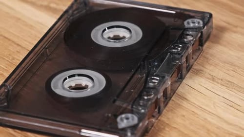 Close Up of Audio Cassette Tape on Wood