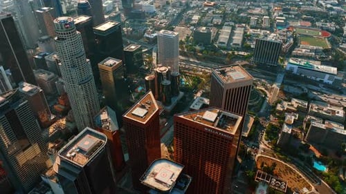 Roofs of skyscrapers with helicopter platforms on in the downtown of Los Angeles, California, USA