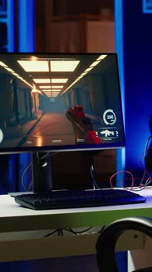 Vertikaler Videocomputer zu Hause mit bunter Schwenkaufzeichnung von GPU- und CPU-Teilen