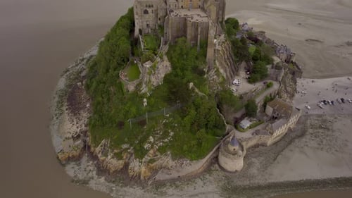 Aerial view of mont saint michel at low tide, France.