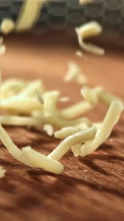 The Grated Cheese Falls on a Wooden Board Filmed on a Highspeed Camera at 1000 Fps