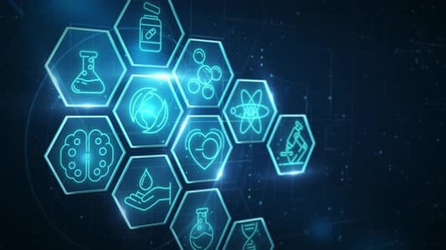 Konzepte aus Wissenschaft und Medizin, illustriert mit leuchtenden Icons