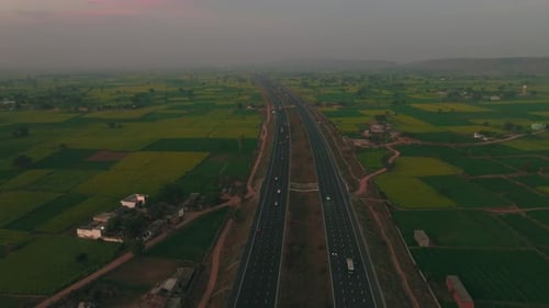 Aerial view of fields and highway, India.