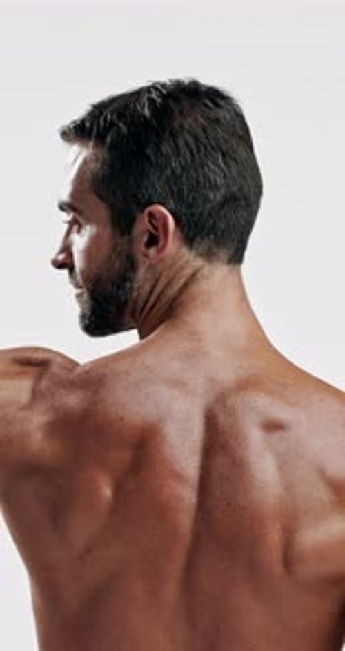 Fitness, flex and back of man in studio for sports athlete, shirtless and muscle progress