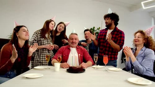 Office Birthday Celebration with Cake and Friends