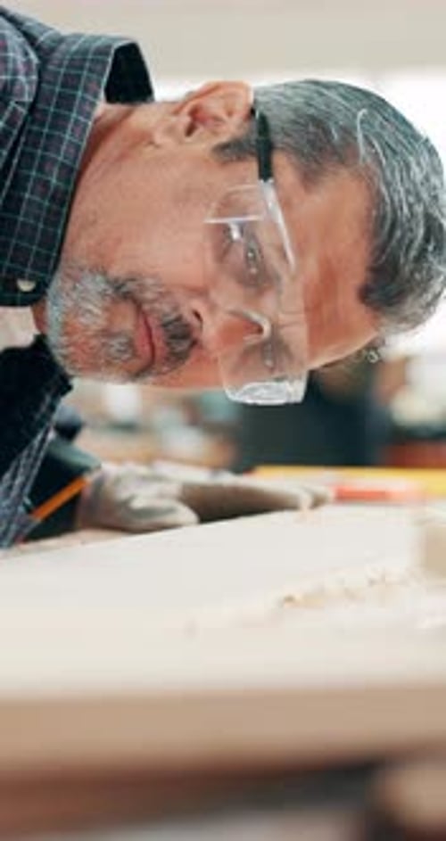 Carpenter, wood and remove dust on plank in workshop, manufacturing and furniture in factory