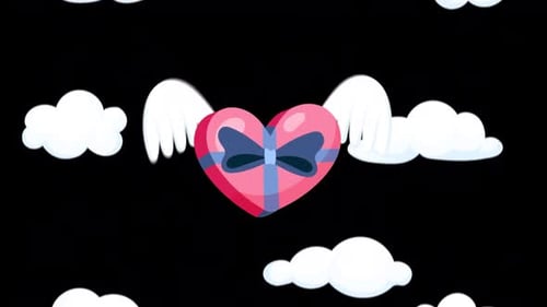 Cartoon Heart Flying In The Sky On Pink Cloudy Alpha Channel