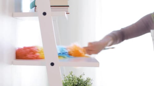 Woman Dusting Shelves with Colorful Duster Indoors