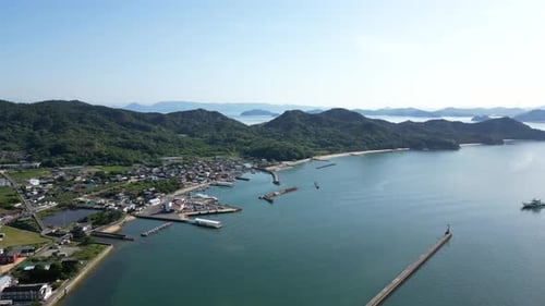 Ferry entering harbor of seto inland sea island in Japan