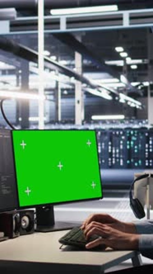 Vertical Video Engineer Using Green Screen Mockup PC in Data Center to Update Servers