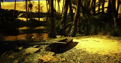 Eaux tranquilles avec un bateau sur un rivage sablonneux sous de grands palmiers