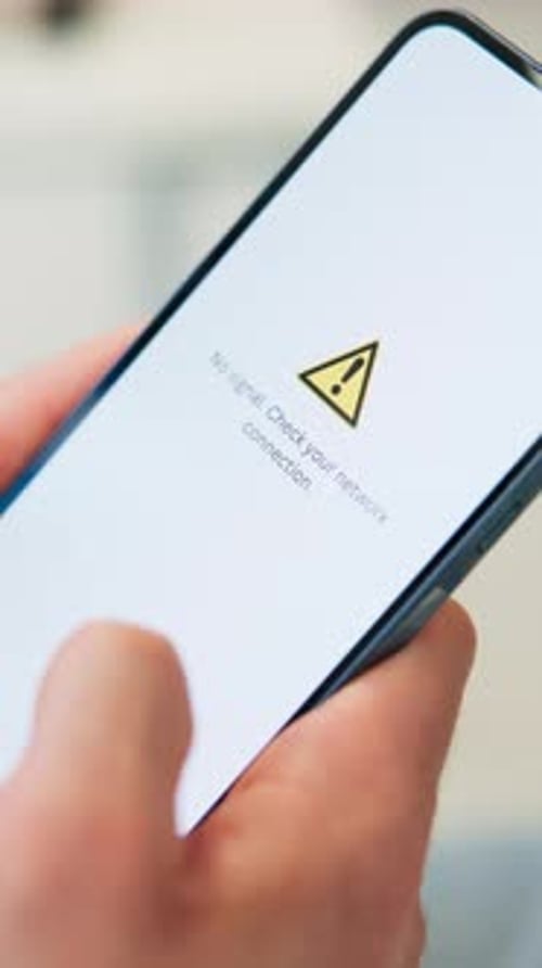 Hands, phone screen and error sign for signal, ux and search for internet connection in closeup