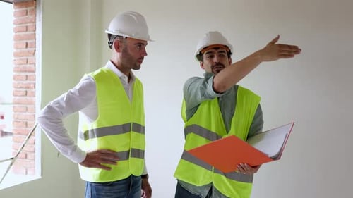 Construction Engineer Discussing with Architect Worker at Indoor Building Site