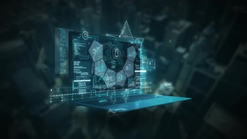 Portátil futurista que muestra una interfaz de holograma con análisis de datos y gráficos