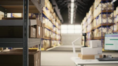 Centro logístico vacío con estanterías industriales y estantes de almacenamiento