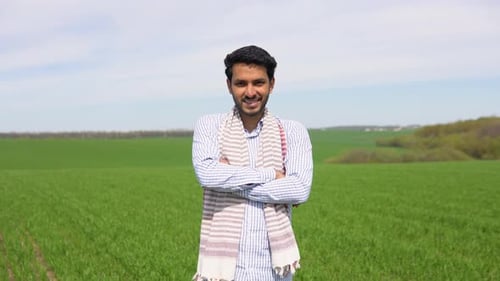 Indian Farmer on His Wheat Field Concept Good Crop Yields Due to Monsoon Rains