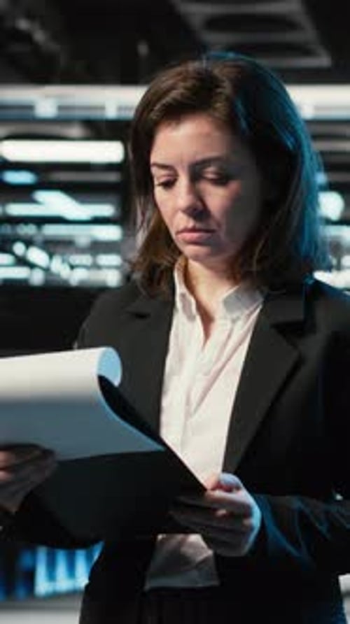 Vertical Video Reading Paperwork Blue Wireframe Mesh and Admin in Data Center