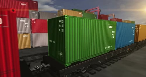 Cargo transport import export containers on cargo train wagons loop