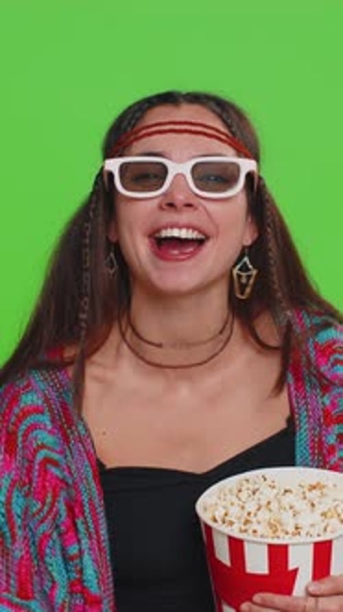 Excited Woman Watching Movie in 3D Glasses