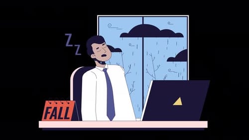 Flat Design Animation of Businessman Sleeping at Desk During Fall Rain