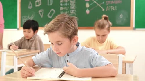 Happy caucasian boy looking at camera while studying math at school. Pedagogy.
