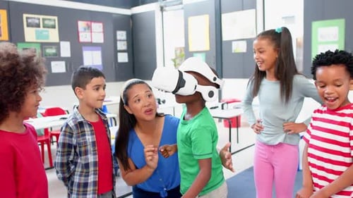 In school, children using VR headset, enjoying interactive learning experience