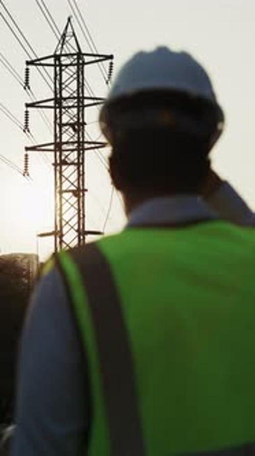 Back View of Man Engineer Puts on Hardhat Standing Near Power Lines Vertical Shot