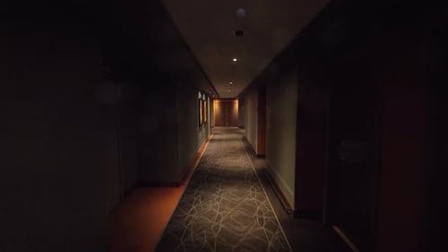 Walking to the room through empty hallway in hotel