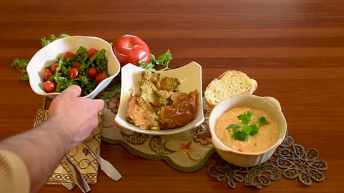 Healthy mediterranean cuisine, three dishes concept for lunch or dinner. Side view closeup of gettin