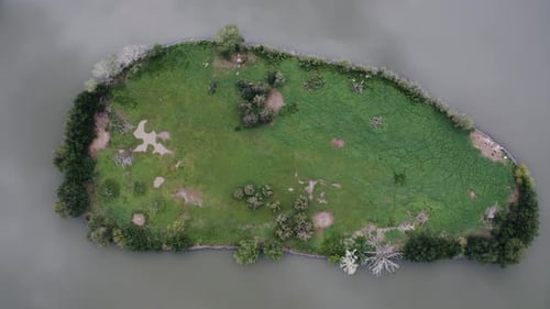 Overhead shot of Penny Island, worn down, in Sloan Lake.