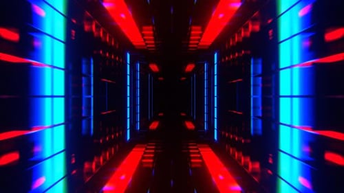 Red And Blue Cyber Tunnel With Glowing Neon Squares Background Vj Loop In 4K