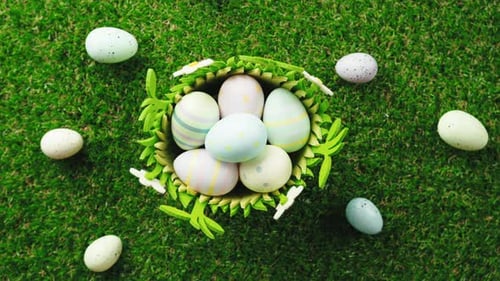 Decorated Easter Eggs in Nest on Green Grass