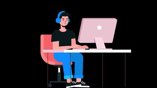 Businessman Sitting At Desk Working On Computer Cartoon Animation On Alpha Channel