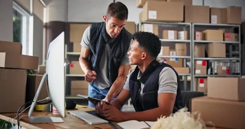 Teamwork, training and people on computer in warehouse for distribution stock, boxes and help